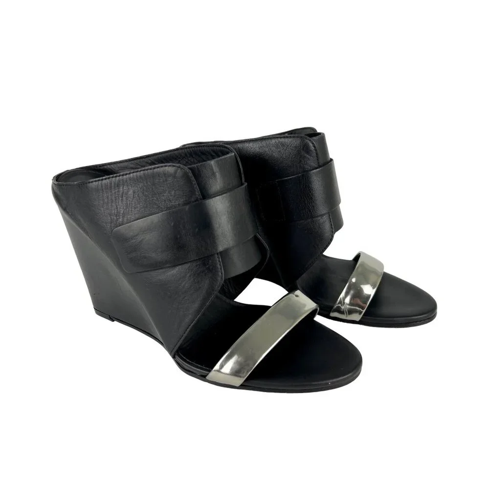 Vince Karima Wedge Mule Slide Sandals Black Leather Silver Detail size 8.5